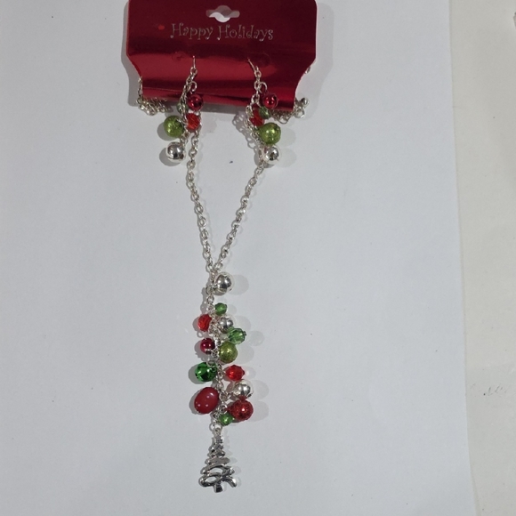 Silver Necklace & Earrings Set w/ Red & Green Crystals – Christmas Holiday Jewel - Picture 3 of 8